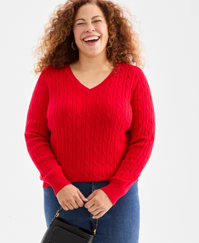 Style & Co Plus Size Cotton Cable-knit V-neck Sweater, Created For Macy's In Red