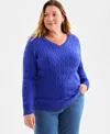 Style & Co Plus Size Cotton Cable-knit V-neck Sweater, Macy's Exclusive In Blue