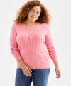 Style & Co Plus Size Cotton Cable-knit V-neck Sweater, Macy's Exclusive In Pink