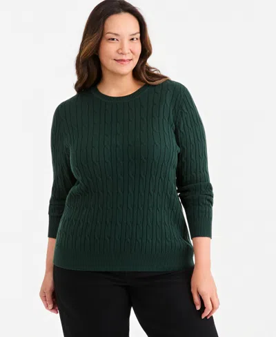 Style & Co Plus Size Cotton Cable-knit Crewneck Sweater, Macy's Exclusive In Nocturnal Green
