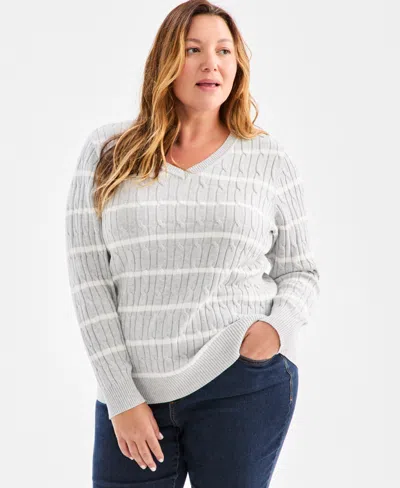 Style & Co Plus Size Cotton Cable-knit V-neck Stripe Sweater, Created For Macy's In Grey Stripe