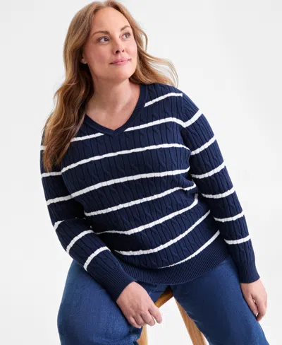 Style & Co Plus Size Cotton Cable-knit V-neck Stripe Sweater, Created For Macy's In Navy Sripe