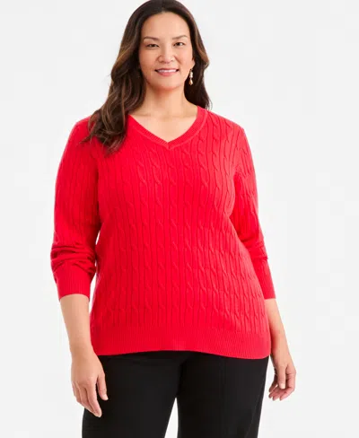 Style & Co Plus Size Cotton Cable-knit V-neck Sweater, Macy's Exclusive In Lollipop