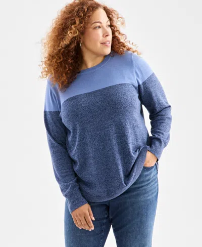Style & Co Plus Size Cotton Color-block Crewneck Sweater, Macy's Exclusive In Blue