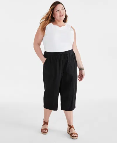 Style & Co Plus Size Cotton Drawstring Capri Pants, Created For Macy's In Deep Black