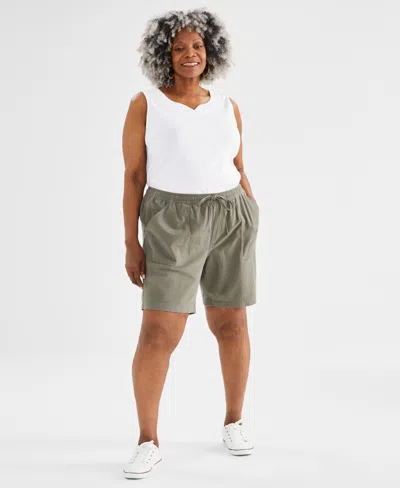 Style & Co Plus Size Cotton Drawstring Pull-on Shorts, Created For Macy's In Olive Drab