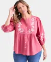 Style & Co Plus Size Cotton Embroidered 3/4-sleeve Blouse, Macy's Exclusive In Multi