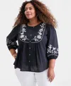 Style & Co Plus Size Cotton Embroidered 3/4-sleeve Blouse, Macy's Exclusive In Black