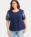 Style & Co Plus Size Cotton Embroidered-sleeve Top, Macy's Exclusive In Blue