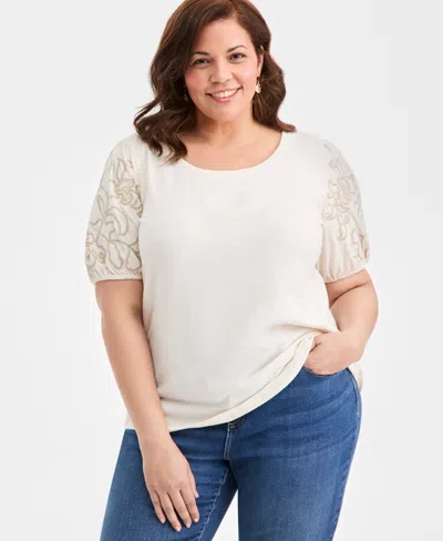 Style & Co Plus Size Cotton Embroidered-sleeve Top, Macy's Exclusive In White