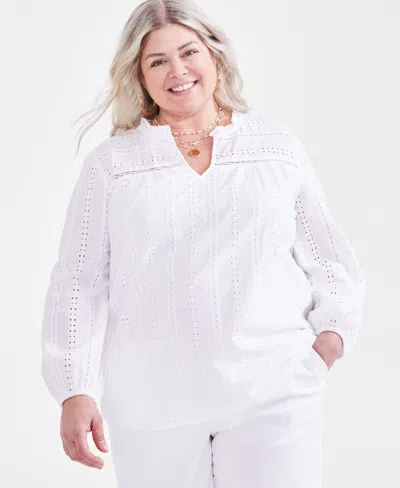 Style & Co Plus Size Cotton Eyelet-embroidered Split-neck Top, Created For Macy's In Bright White