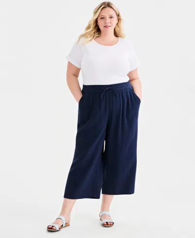 Style & Co Plus Size Cotton Gauze Cropped Drawstring Pants, Macy's Exclusive In Blue