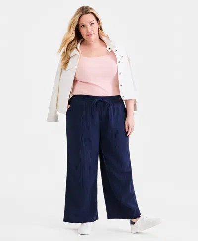 Style & Co Plus Size Cotton Gauze Wide-leg Pants, Macy's Exclusive In Multi
