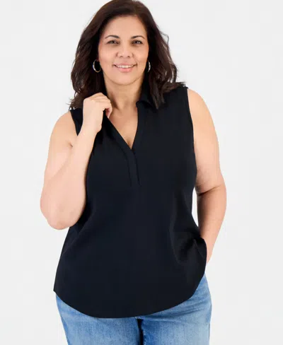 Style & Co Plus Size Cotton Johnny Collar Tank, Macy's Exclusive In Black