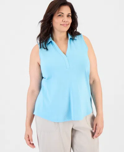 Style & Co Plus Size Cotton Johnny Collar Tank, Macy's Exclusive In Blue