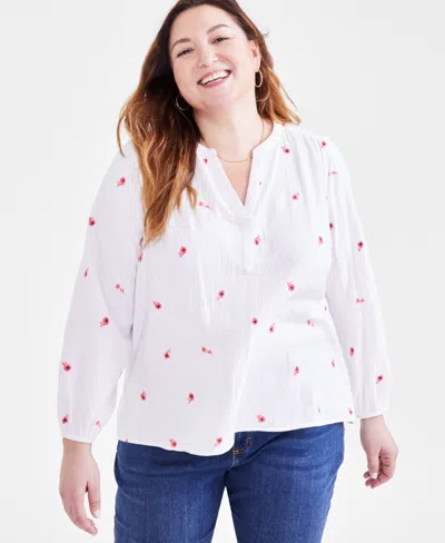 Style & Co Plus Size Cotton Printed Long-sleeve Top, Created For Macy's In Floral White
