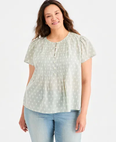 Style & Co Plus Size Cotton Printed Pleat-front Top, Macy's Exclusive In Neutral