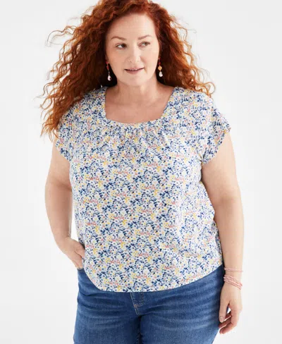 Style & Co Plus Size Cotton Printed Square-neck Flutter-sleeve Top, Created For Macy's In Patchy Admiral Blue