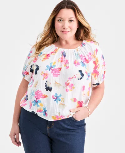 Style & Co Plus Size Cotton Puff-sleeve Bubble Top, Macy's Exclusive In Multi