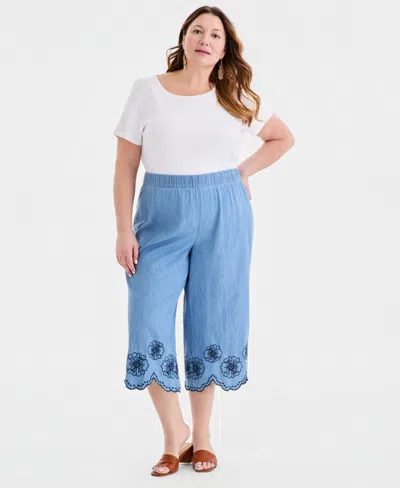 Style & Co Plus Size Cotton Scalloped Eyelet Capri Pants, Macy's Exclusive In Blue