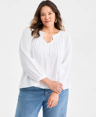 Style & Co Plus Size Cotton Smocked Tie-neck Top, Macy's Exclusive In White