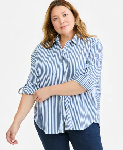 Style & Co Plus Size Cotton Striped Button-front Long-sleeve Shirt, Macy's Exclusive In Blue