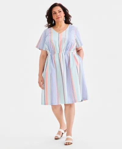 Style & Co Plus Size Cotton Striped Fit & Flare Dress, Macy's Exclusive In Multi
