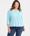 Style & Co Plus Size Cotton V-neck 3/4-sleeve Top, Exclusively At Macy's In Blue