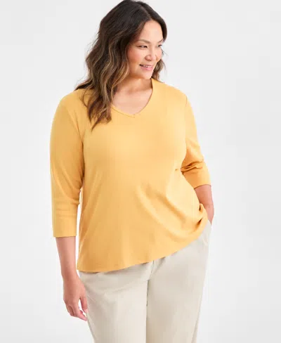 Style & Co Plus Size Cotton V-neck 3/4-sleeve Top, Exclusively At Macy's In Gold