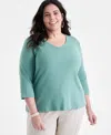 Style & Co Plus Size Cotton V-neck 3/4-sleeve Top, Exclusively At Macy's In Green