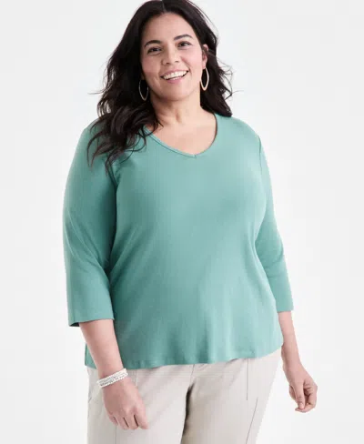 Style & Co Plus Size Cotton V-neck 3/4-sleeve Top, Exclusively At Macy's In Green