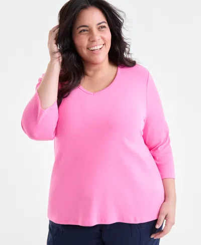 Style & Co Plus Size Cotton V-neck 3/4-sleeve Top, Exclusively At Macy's In Pink
