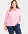 Style & Co Plus Size Cotton V-neck 3/4-sleeve Top, Exclusively At Macy's In Pink