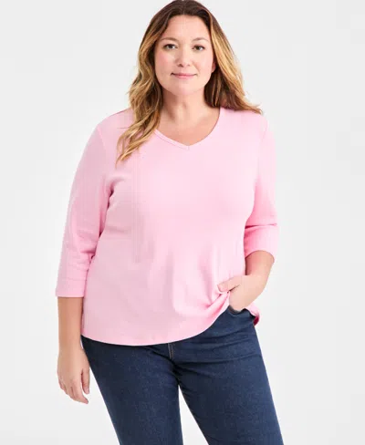 Style & Co Plus Size Cotton V-neck 3/4-sleeve Top, Exclusively At Macy's In Pink