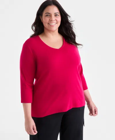 Style & Co Plus Size Cotton V-neck 3/4-sleeve Top, Exclusively At Macy's In Red