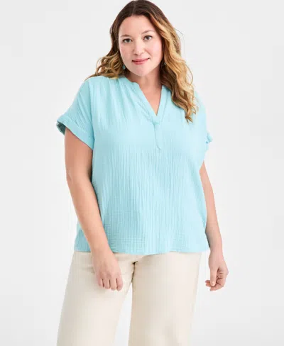 Style & Co Plus Size Cotton V-neck Dolman-sleeve Top, Macy's Exclusive In Blue