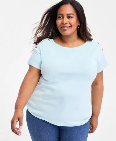 Style & Co Plus Size Crewneck Button-trim-shoulder Cotton Top, Exclusively At Macy's In Blue