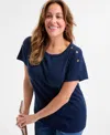 Style & Co Plus Size Crewneck Button-trim-shoulder Cotton Top, Exclusively At Macy's In Blue