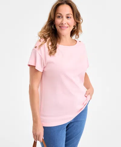 Style & Co Plus Size Crewneck Button-trim-shoulder Cotton Top, Exclusively At Macy's