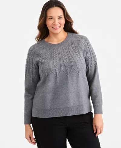 Style & Co Plus Size Crewneck Cable-knit Sweater, Macy's Exclusive In Gray