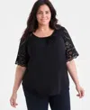Style & Co Plus Size Crewneck Eyelet-short-sleeve Top, Exclusively At Macy's In Black