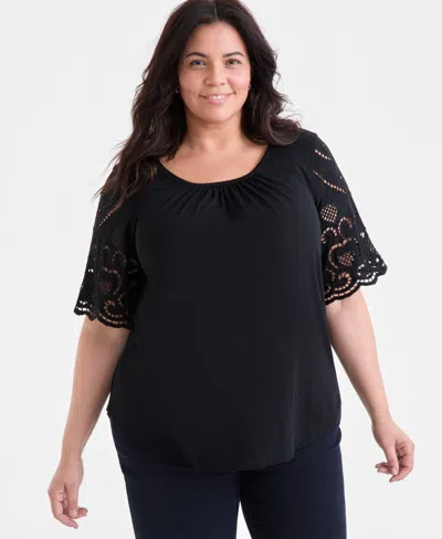 Style & Co Plus Size Crewneck Eyelet-short-sleeve Top, Exclusively At Macy's In Black