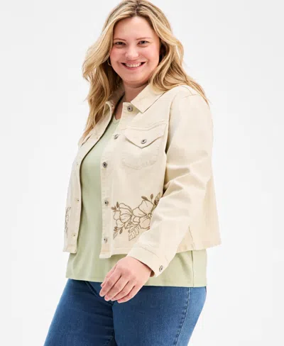 Style & Co Plus Size Cropped Embroidered Denim Jacket, Macy's Exclusive In Neutral