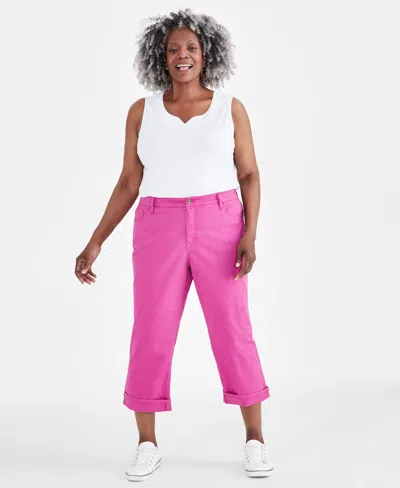 Style & Co Plus Size Curvy Roll-cuff Capri Jeans, Created For Macy's In Fuchsia Tulip