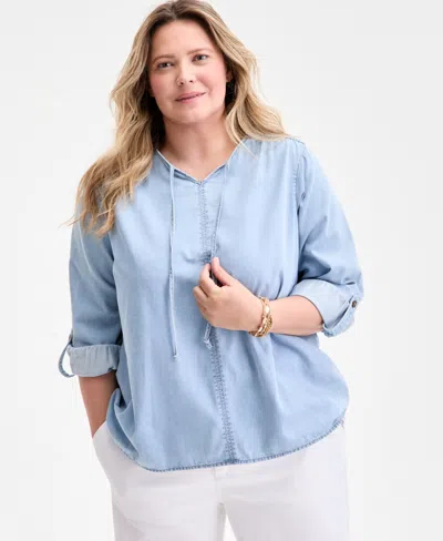 Style & Co Plus Size Denim Popover Top, Exclusively At Macy's In Blue