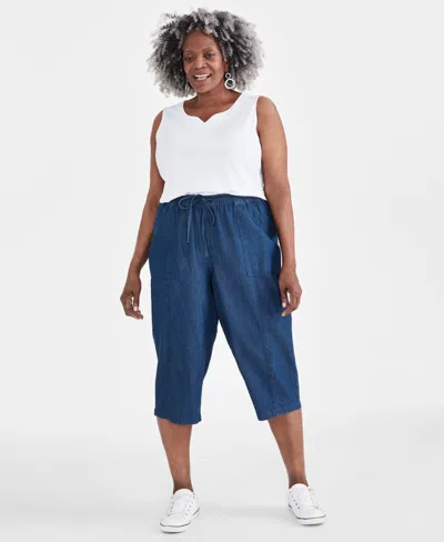 Style & Co Plus Size Drawstring Chambray Capri Pants, Created For Macy's In Dark Chambray