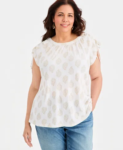 Style & Co Plus Size Drawstring-shoulder Printed Top, Macy's Exclusive In White