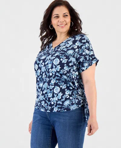 Style & Co Plus Size Drawstring-side V-neck T-shirt, Macy's Exclusive In Blue