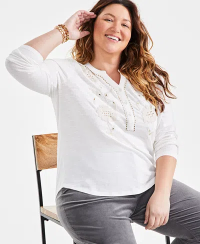 Style & Co Plus Size Embroidered 3/4-sleeve Top, Created For Macy's In Shiitake