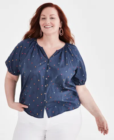 Style & Co Plus Size Embroidered Blouse, Created For Macy's In Ikat Blue